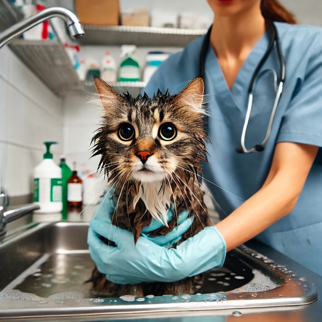 a veterinarian gently holds a cat